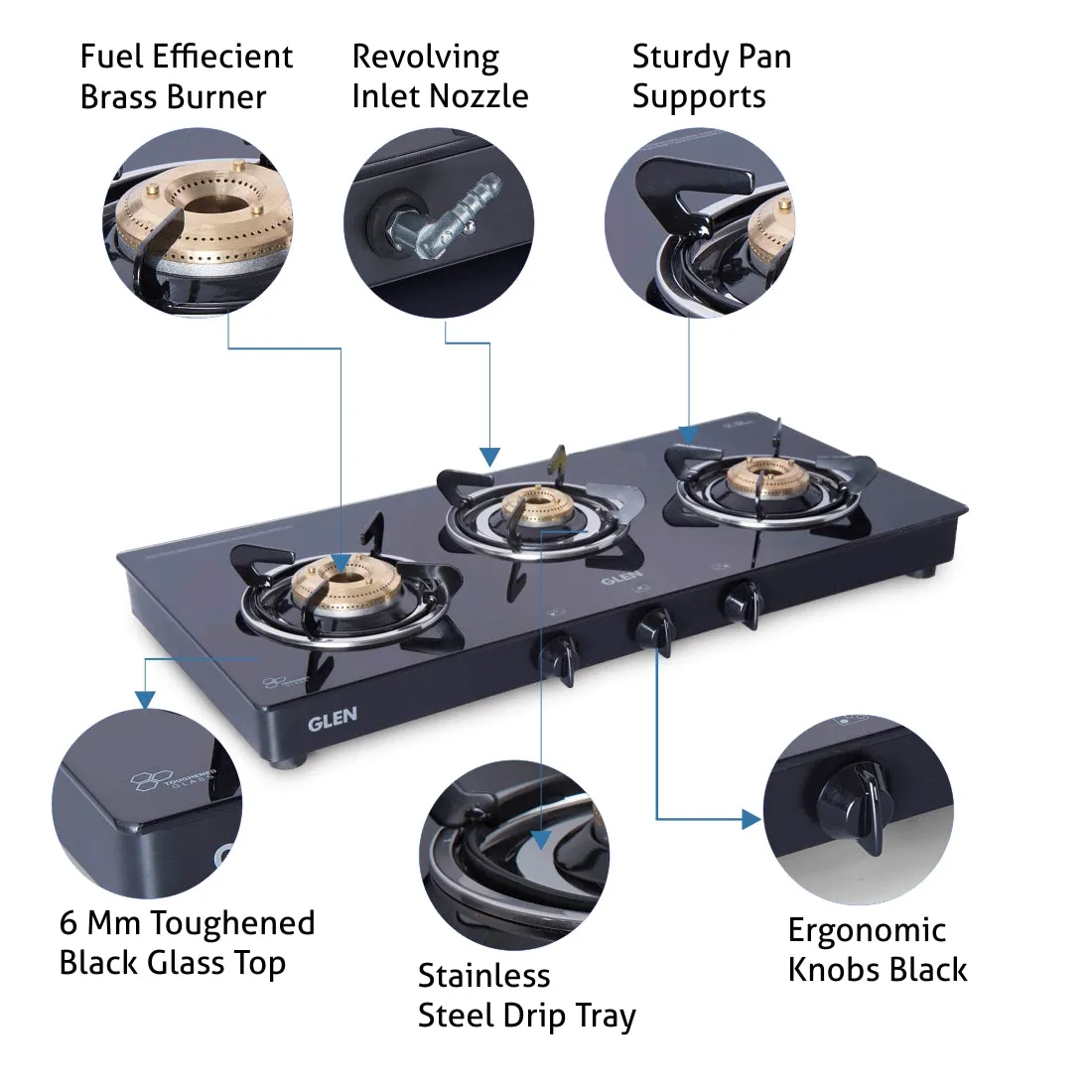 3 Burner PNG Glass Gas Stove with High Flame Brass Burner Extra Large Black (1033 GTXL BB BL PN)