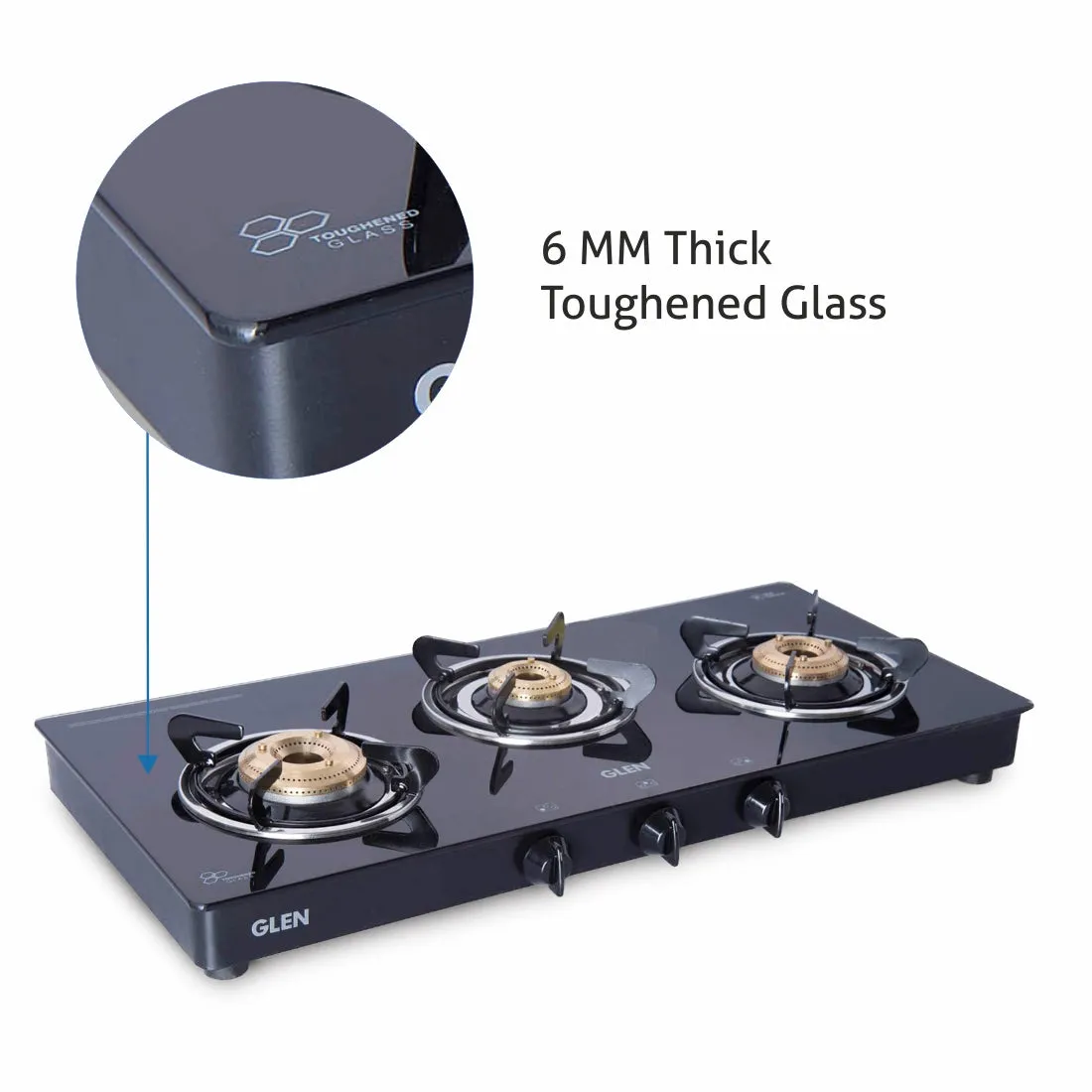 3 Burner PNG Glass Gas Stove with High Flame Brass Burner Extra Large Black (1033 GTXL BB BL PN)