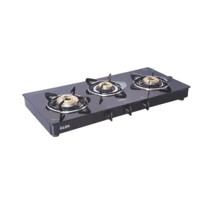 3 Burner PNG Glass Gas Stove with High Flame Brass Burner Extra Large Black (1033 GTXL BB BL PN)