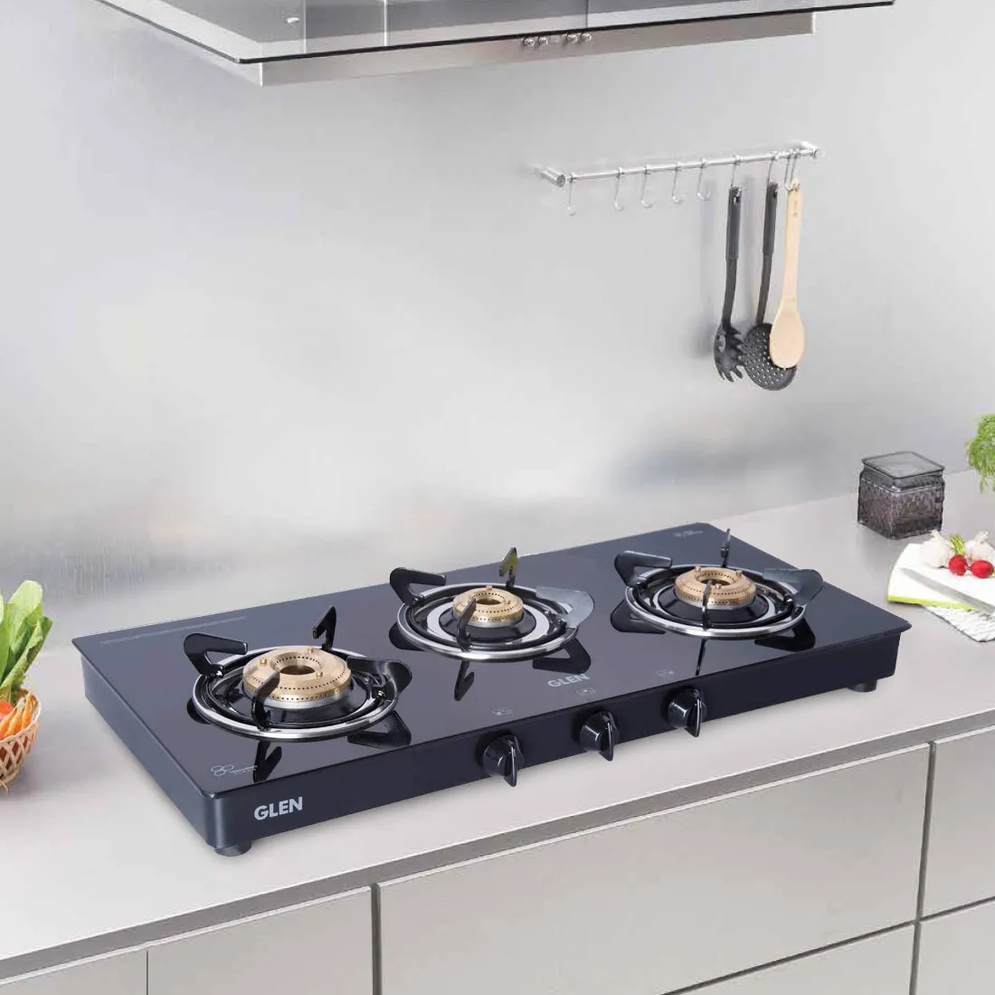3 Burner PNG Glass Gas Stove with High Flame Brass Burner Extra Large Black (1033 GTXL BB BL PN)