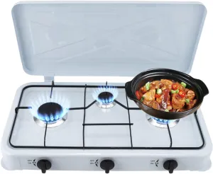 3 Burner Portable Propane Gas Stove, LPG Gas Cooktop with Wind Blocking Cover Adapter Auto Ignition Camping Stove for RV, Apartment, Outdoor Cooking