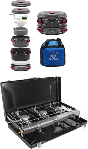 3-Burner Propane Camping Stove 19800 BTUs With Bulin Camping Cookware Mess Kit