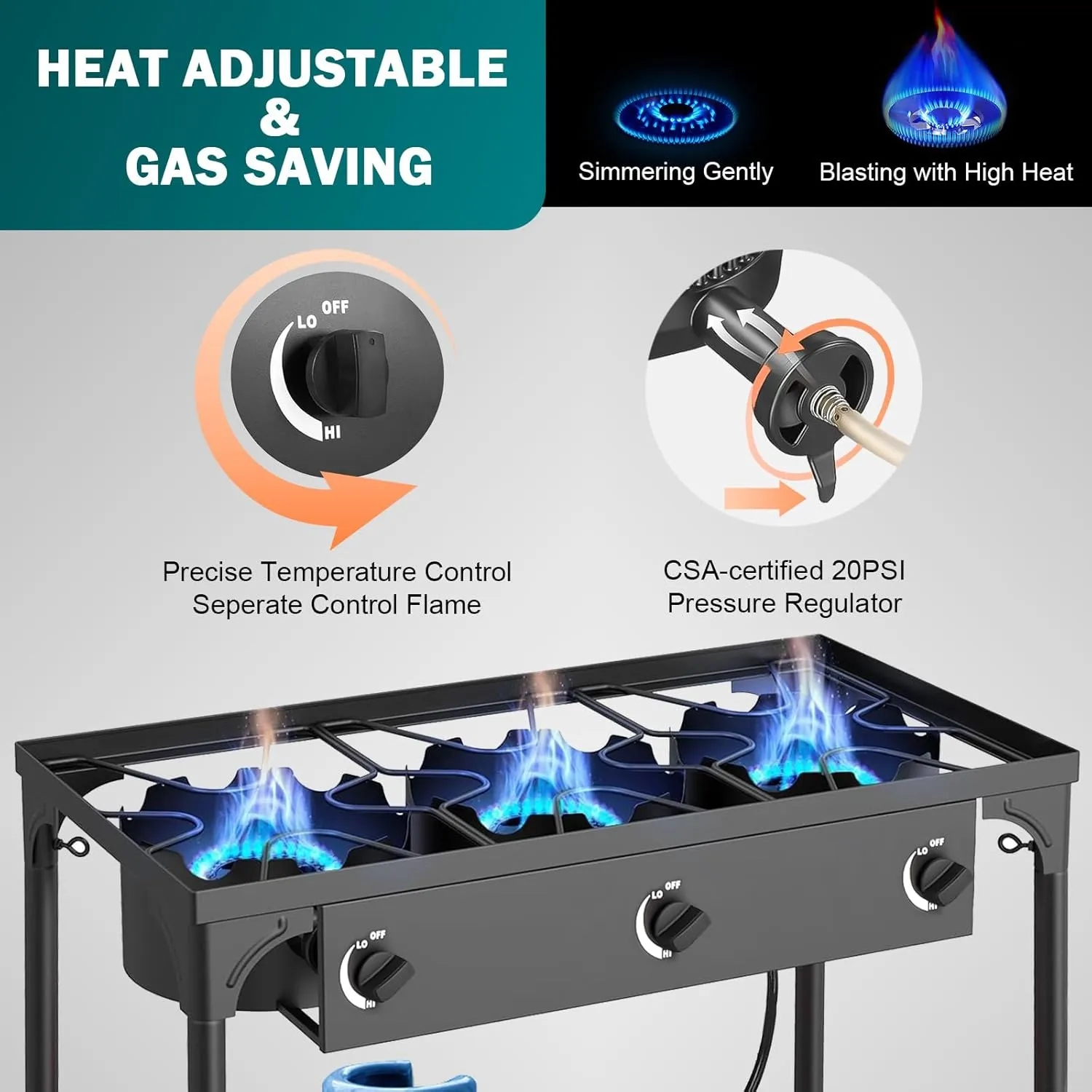 3 Burner Propane Gas Stove | 225K BTU High-Pressure Outdoor Cooker with Adjustable Regulator, Detachable Legs, Portable for Camping & Patio | Parrillas estufas de gas portátiles para cocinar afuera