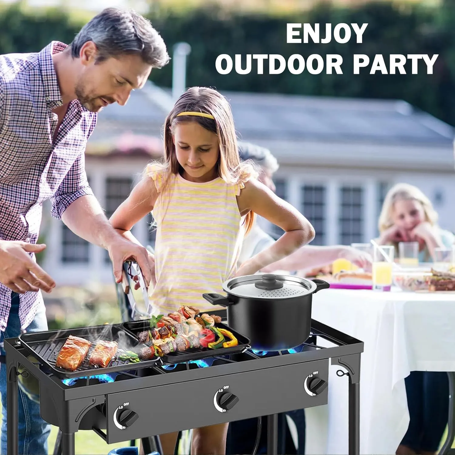 3 Burner Propane Gas Stove | 225K BTU High-Pressure Outdoor Cooker with Adjustable Regulator, Detachable Legs, Portable for Camping & Patio | Parrillas estufas de gas portátiles para cocinar afuera