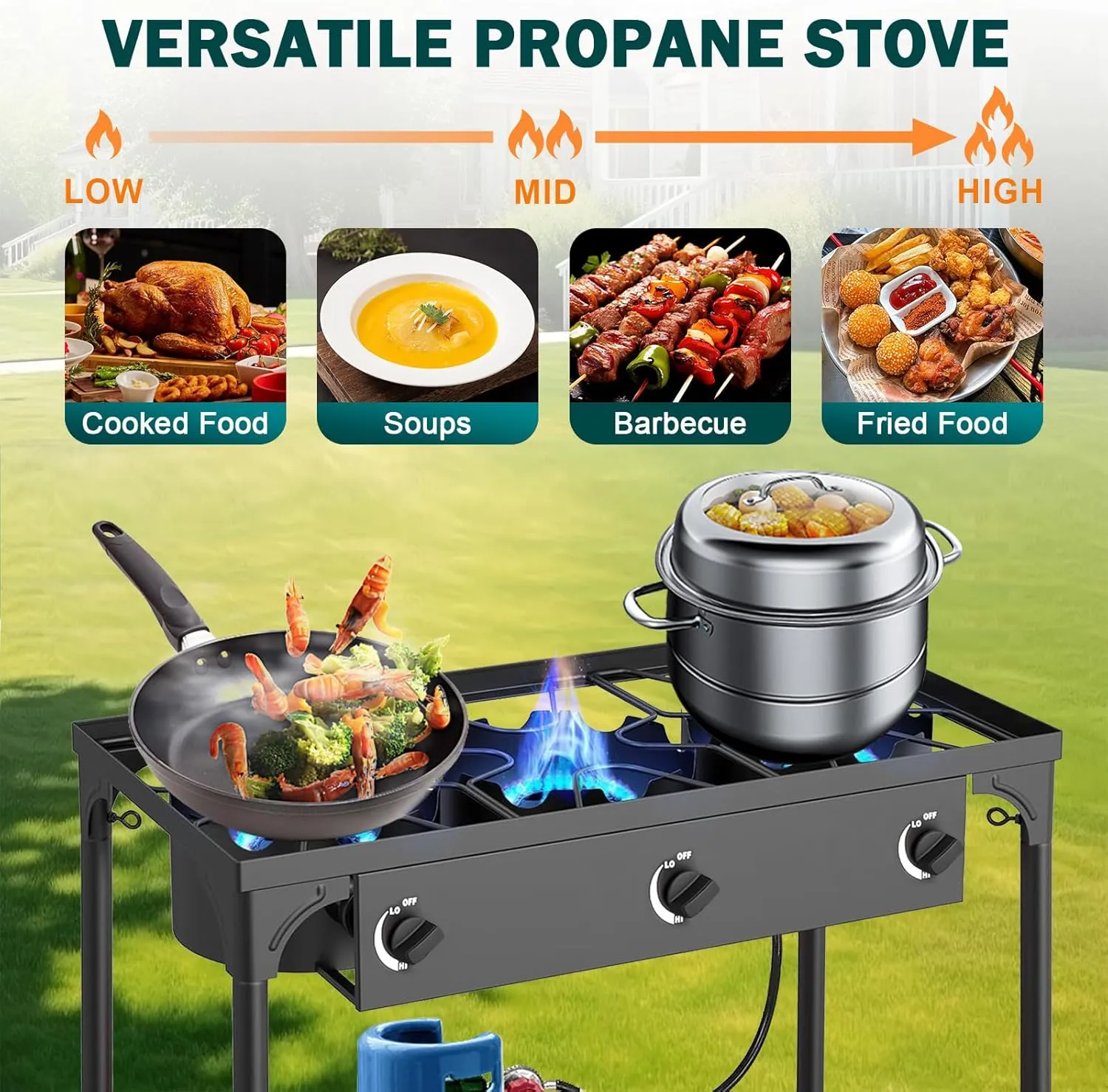 3 Burner Propane Gas Stove | 225K BTU High-Pressure Outdoor Cooker with Adjustable Regulator, Detachable Legs, Portable for Camping & Patio | Parrillas estufas de gas portátiles para cocinar afuera