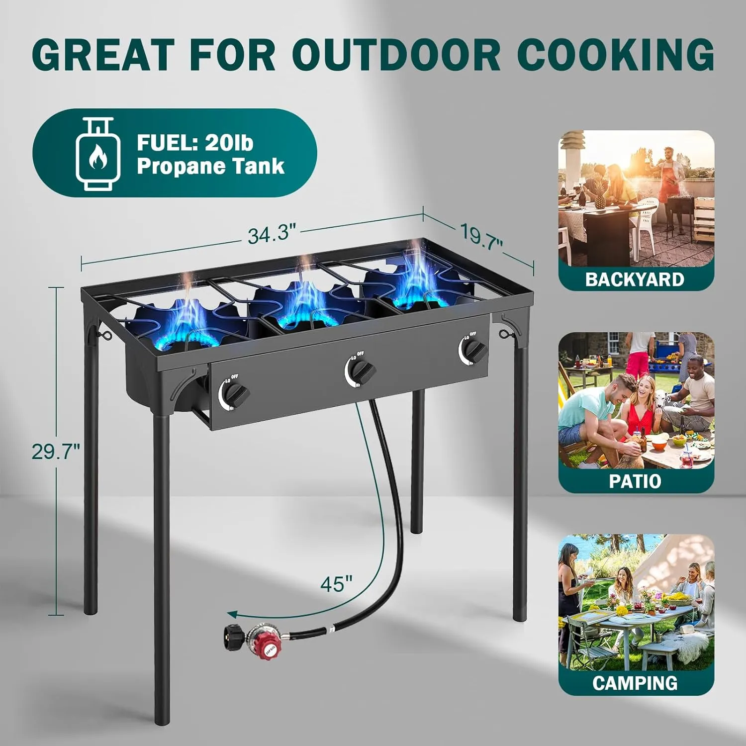 3 Burner Propane Gas Stove | 225K BTU High-Pressure Outdoor Cooker with Adjustable Regulator, Detachable Legs, Portable for Camping & Patio | Parrillas estufas de gas portátiles para cocinar afuera