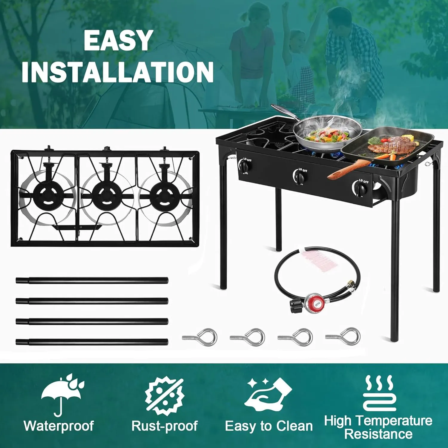 3 Burner Propane Gas Stove | 225K BTU High-Pressure Outdoor Cooker with Adjustable Regulator, Detachable Legs, Portable for Camping & Patio | Parrillas estufas de gas portátiles para cocinar afuera
