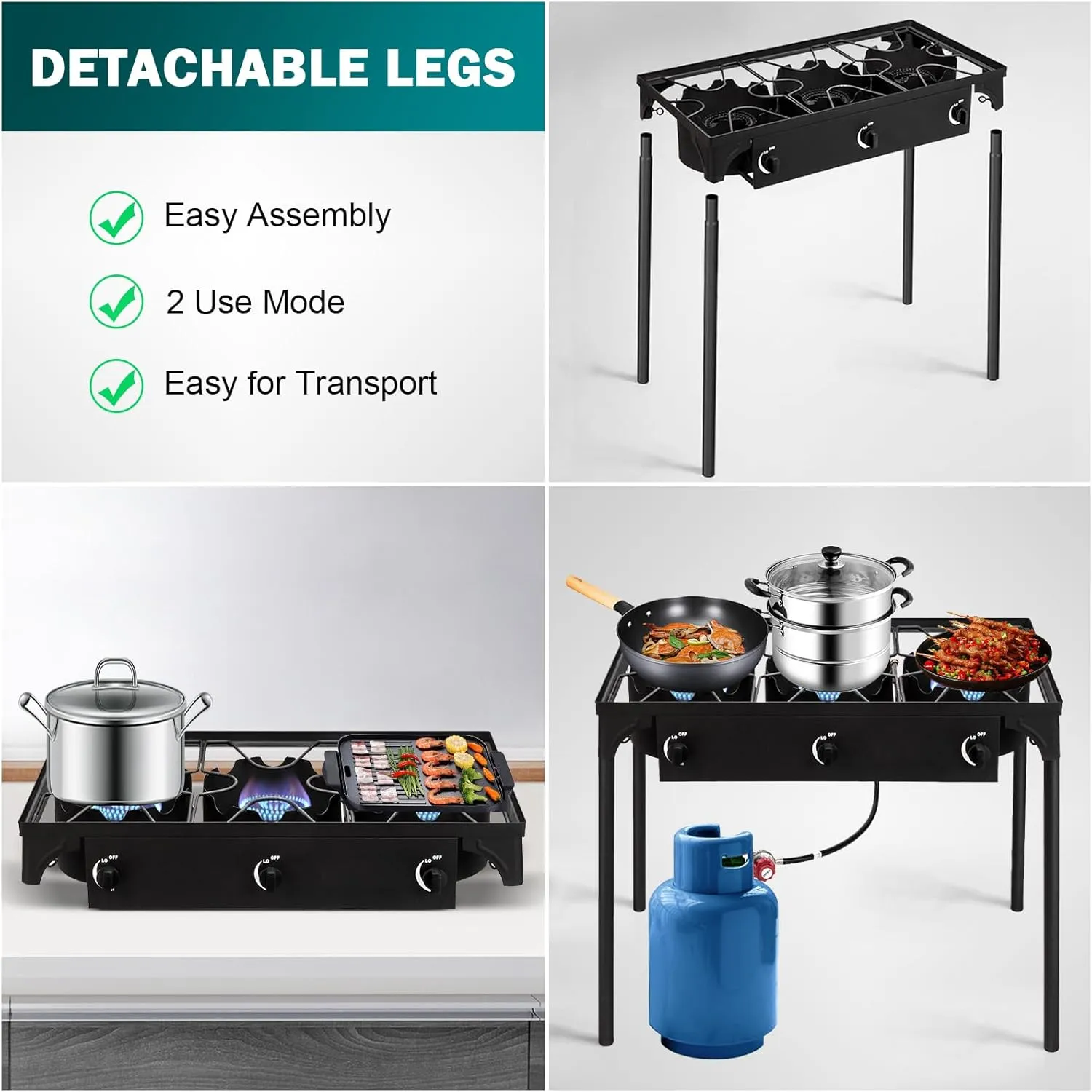 3 Burner Propane Gas Stove | 225K BTU High-Pressure Outdoor Cooker with Adjustable Regulator, Detachable Legs, Portable for Camping & Patio | Parrillas estufas de gas portátiles para cocinar afuera
