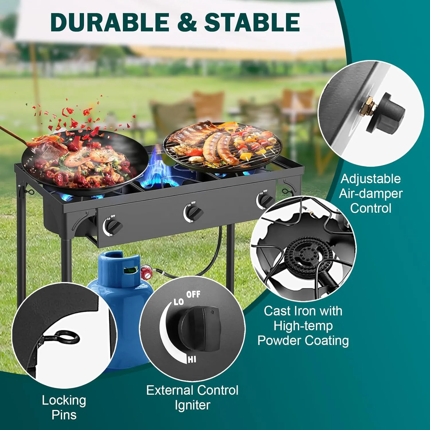 3 Burner Propane Gas Stove | 225K BTU High-Pressure Outdoor Cooker with Adjustable Regulator, Detachable Legs, Portable for Camping & Patio | Parrillas estufas de gas portátiles para cocinar afuera