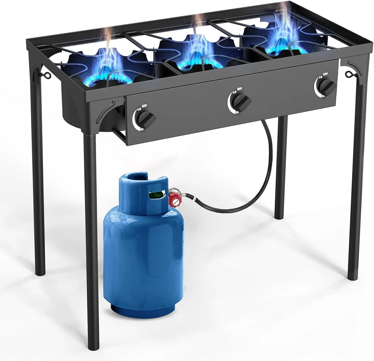 3 Burner Propane Gas Stove | 225K BTU High-Pressure Outdoor Cooker with Adjustable Regulator, Detachable Legs, Portable for Camping & Patio | Parrillas estufas de gas portátiles para cocinar afuera