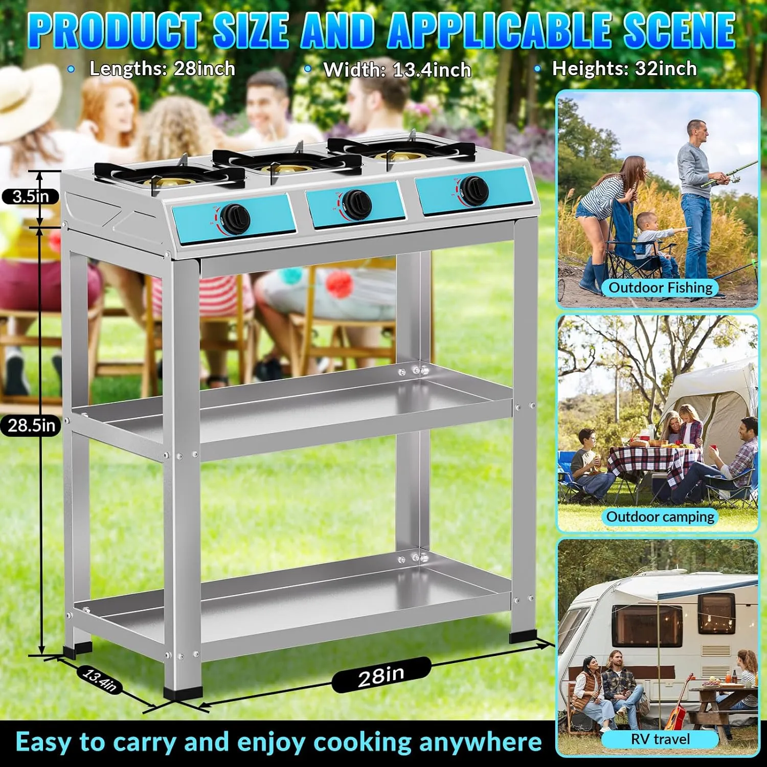 3 Burner Propane Gas Stove,40000BTU Portable Gas Stove with Support Leg Stand and Adapter Auto Ignition Camping Stove,propane burner for RV, Apartment, Outdoor Cooking