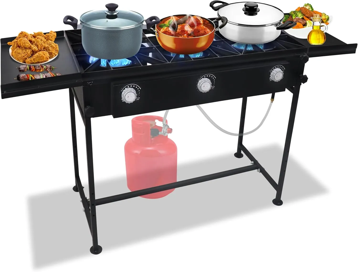 3 Burner Propane Stove -225,000 High btu Propane Burner Camping Stove, Carbon Steel 3 Burner Camp Stove Outdoor Stove Propane W/Dual Side Shelf out door Stove & CSA-Approved 0-20 PSI Regulator & Hose.
