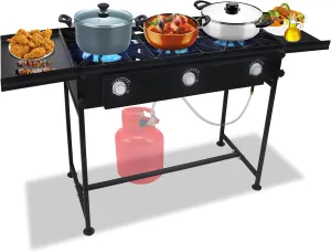 3 Burner Propane Stove -225,000 High btu Propane Burner Camping Stove, Carbon Steel 3 Burner Camp Stove Outdoor Stove Propane W/Dual Side Shelf out door Stove & CSA-Approved 0-20 PSI Regulator & Hose.