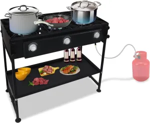 3 Burner Propane Stove -225,000 High btu Propane Burner Camping Stove, Steel 3 Burner Camp Stove Outdoor Stove Propane W/Adjustable Bottom Shelf out door Stove & CSA-Approved 0-20 PSI Regulator & Hose