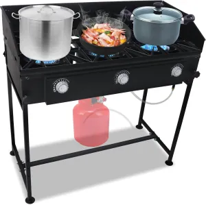 3 Burner Propane Stove -225,000 High btu Propane Burner Camping Stove,Carbon Steel 3 Burner Camp Stove Outdoor Stove Propane W/Wind Panel & CSA-Approved 0-20 PSI Regulator & Hose for Brewing & Cooking