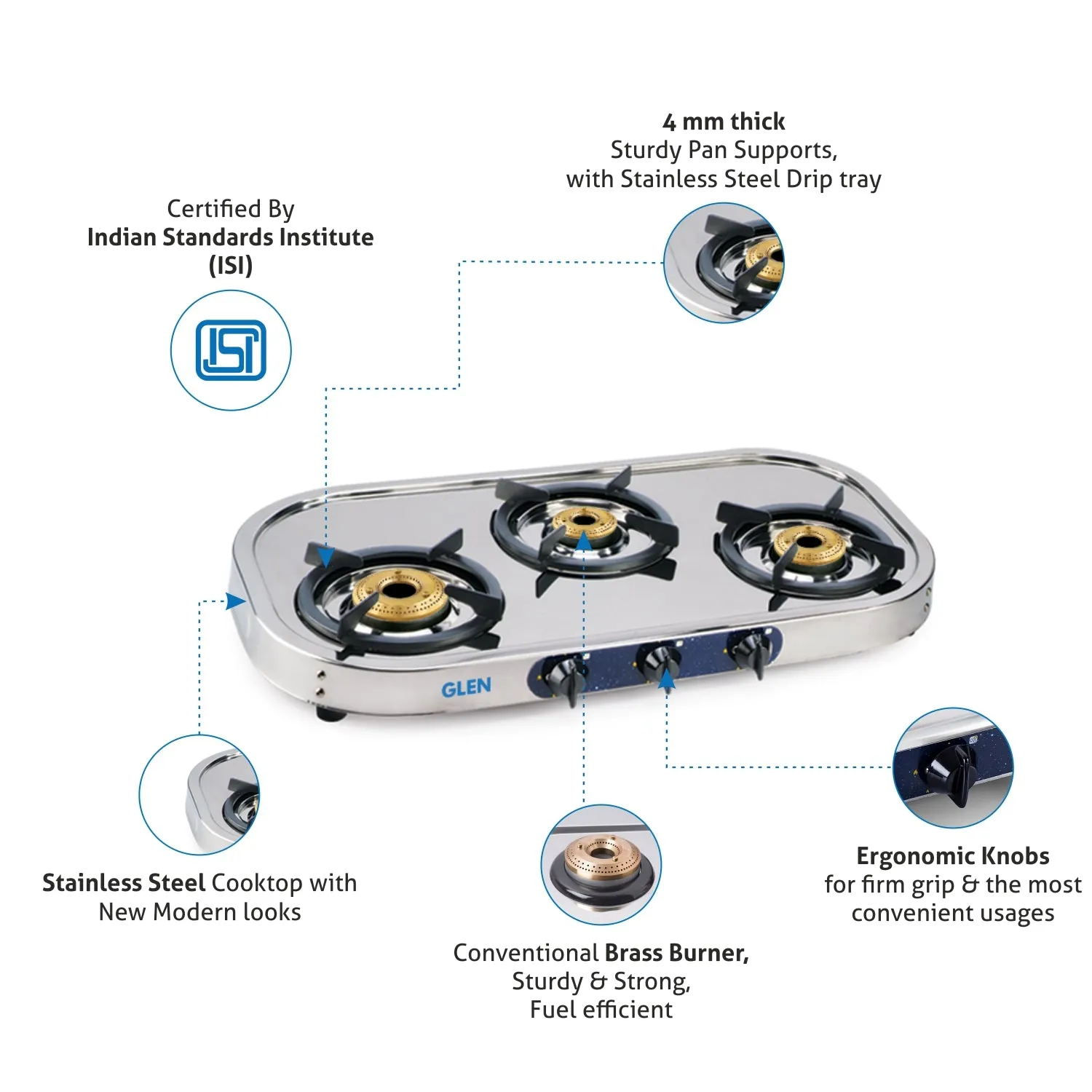 3 Burner Stainless Steel  Gas Stove with High Flame Brass Burner Drip Tray (1033 SS HFDT BB)