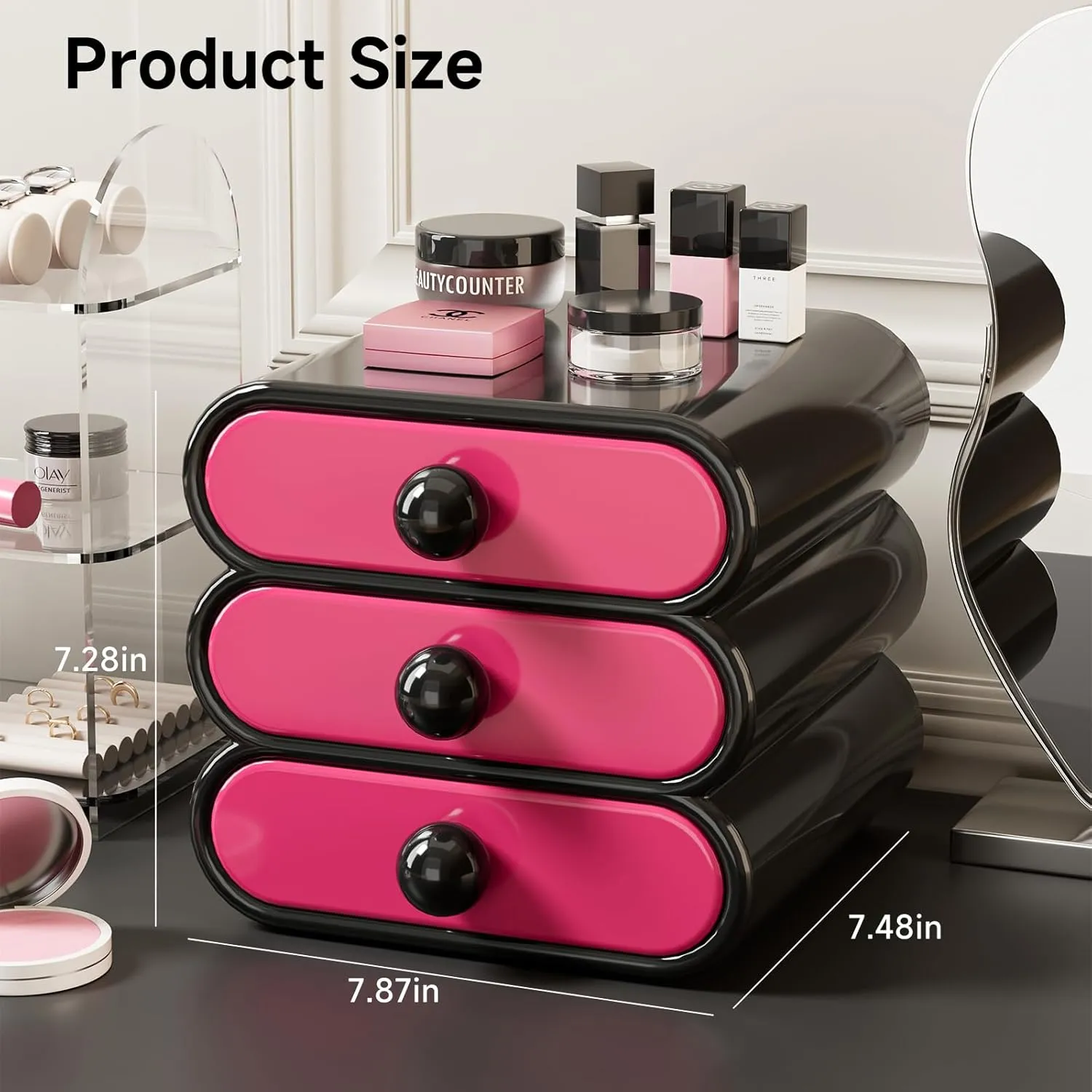 3-Drawer Storage Organizer, Compact Vanity Drawer Organizer Set for Makeup, Small Plastic Storage Box for Bathroom, Dorm, Desk, Office, 7.87"X7.48"X7.28"