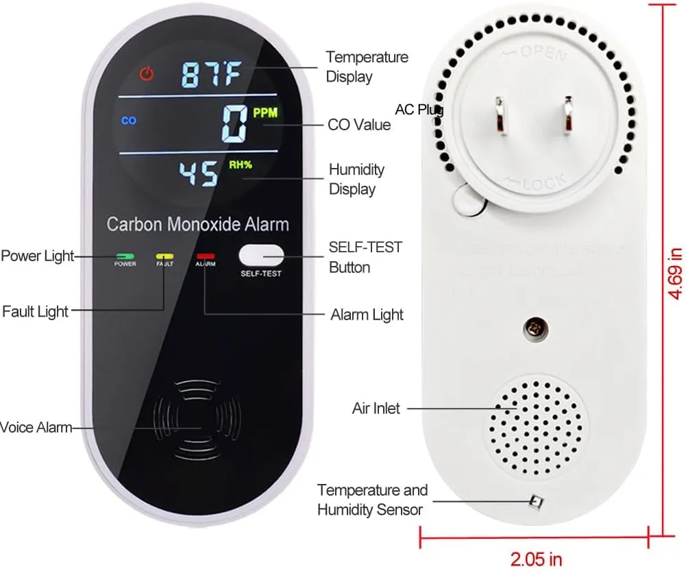 3 in 1 Carbon Monoxide Detector, KH Alert Portable Carbon Monoxide Detectors for Travel, Plug in Carbon Monoxide Detector with Temperature Humidity Sensor Built-in, Easy to Read & Install