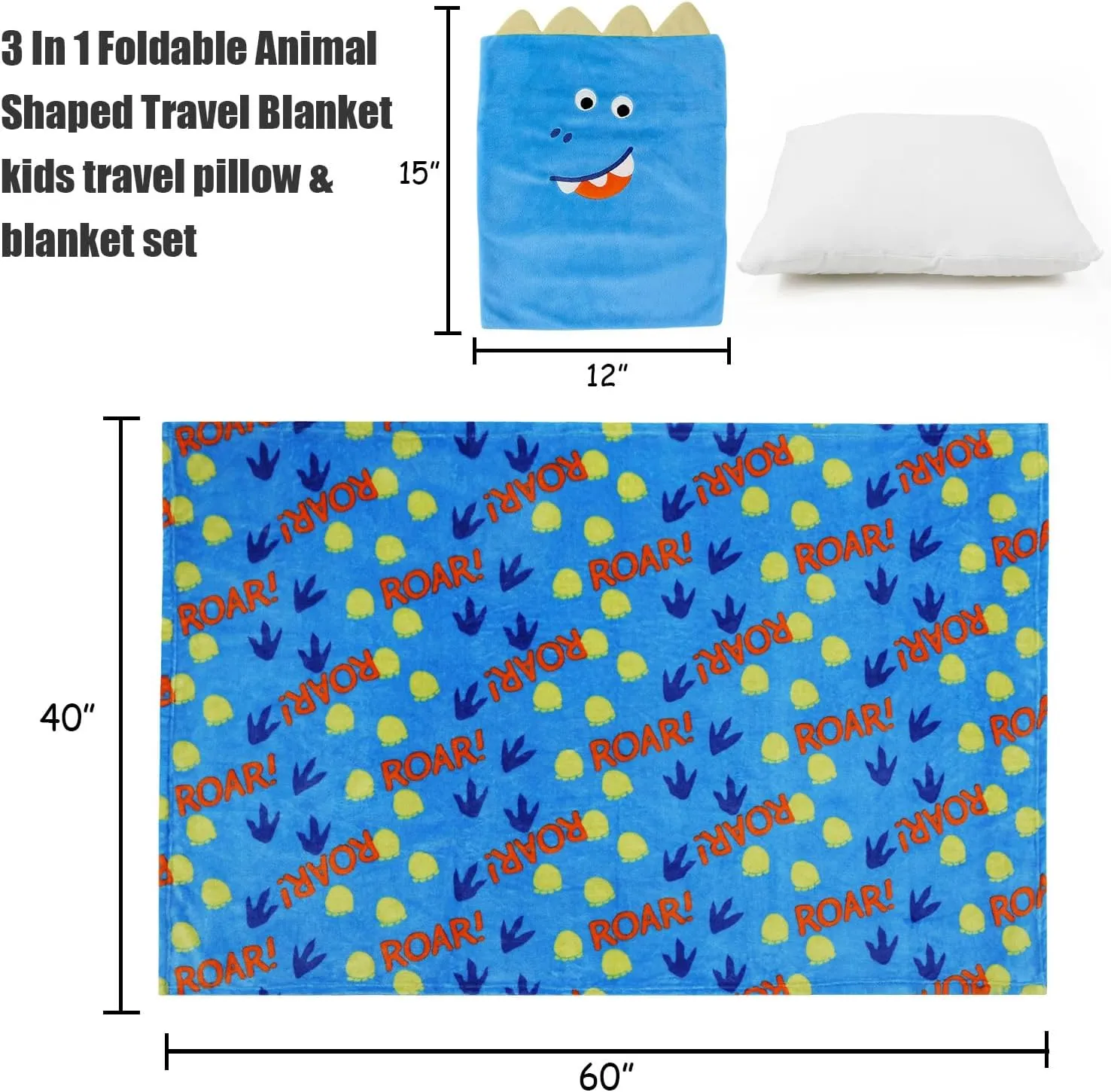 3 in 1 Travel Pillow and Blanket Set for Kids - 40x60in Plush with Hand Warmer, Pillow Blanket Perfect for Boys Birthday Christmas Party Favors and Travel Essential (Dinosaur)