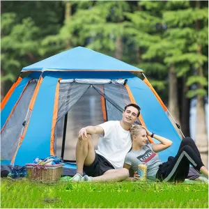 3 Persons Outdoor Tents, Waterproof Windproof Family Tent with Top Rainfly, 3 Man Tents for Camping 2 Awning Shelters，Double Layer, Portable with Carry Bag, for All Seasons (Color : Blue)