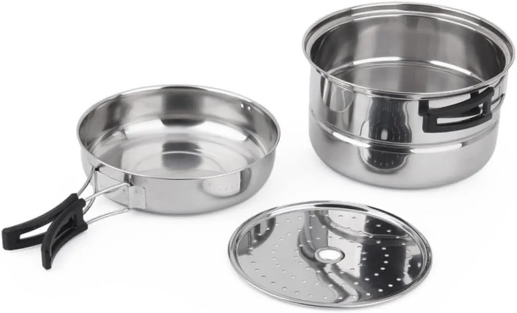3-Piece Stainless Steel Camping Cookware Set for 2-3 People Pot Pan and Cooking Tools Compact