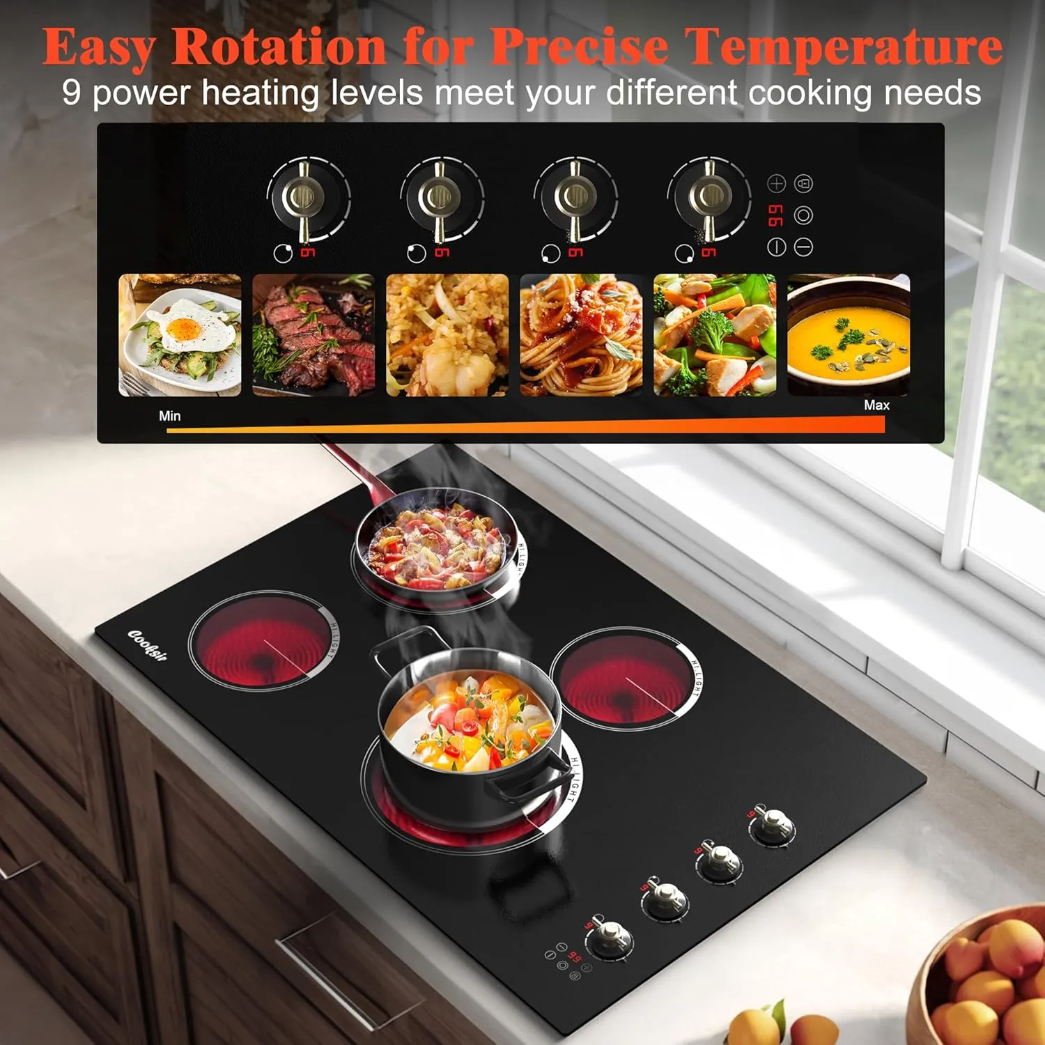 30 Inch Electric Cooktop - 4 Burner Built-in Glass Ceramic Stove Top 6700W, 240V Electric Cooktop Touch and Knob Control, Child Lock, Dual Ring, 99 Mins Timer, 220V Hard Wire(No Plug)