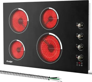 30 Inch Electric Cooktop - 4 Burner Built-in Glass Ceramic Stove Top 6700W, 240V Electric Cooktop Touch and Knob Control, Child Lock, Dual Ring, 99 Mins Timer, 220V Hard Wire(No Plug)