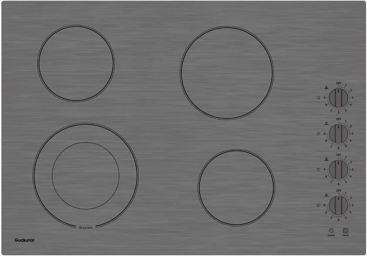 30 Inch Electric Cooktop 4 Burners,3000 Watt Dual-Ring Burner for Quick Boil,Shatterproof Glass, Knob Switch, 9 Heating Level, Drop-in Electric Stove Top,Gray