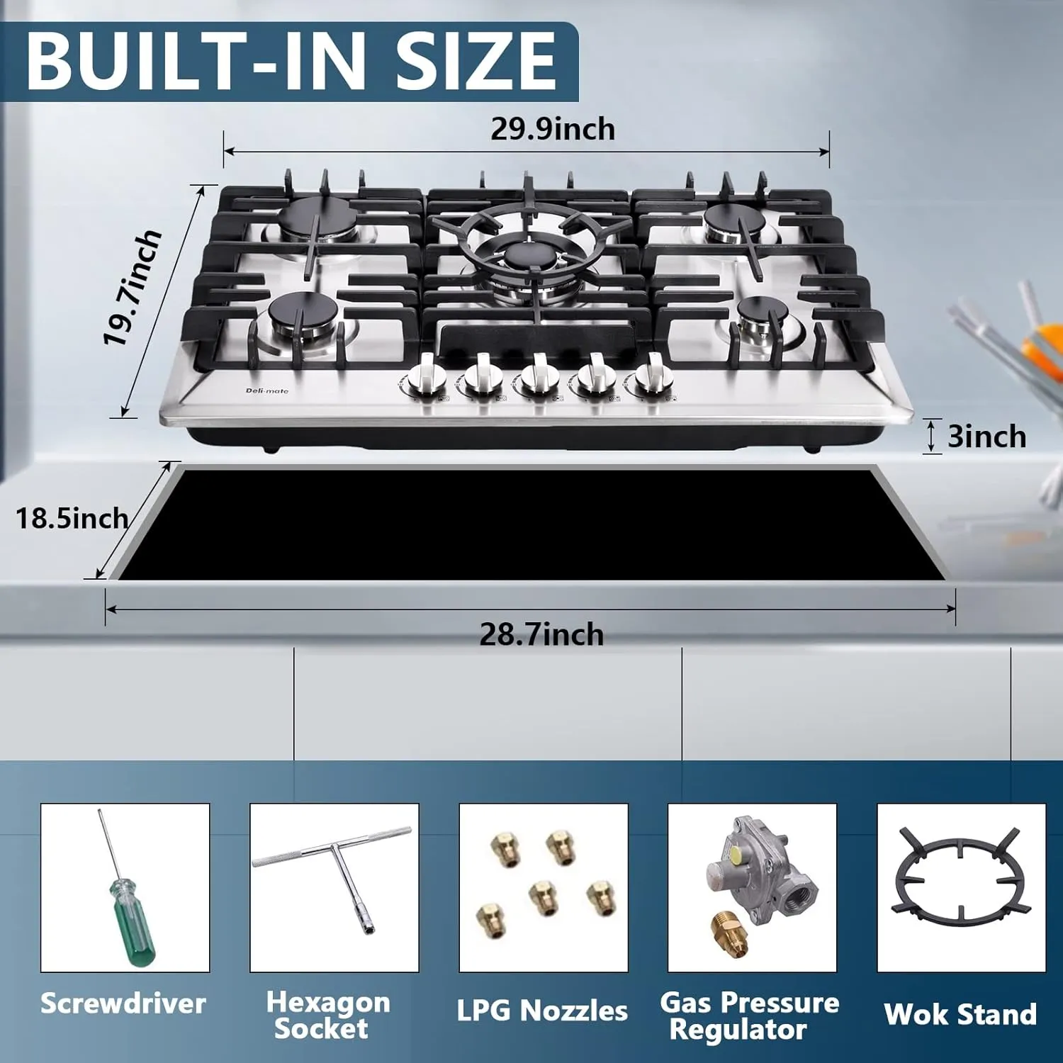 30 Inch Gas Cooktop, Stainless Steel Built-in 5 Burners Gas Stovetop LPG/NG Convertible Gas Stove Top Dual Fuel Gas Hob DM527-02