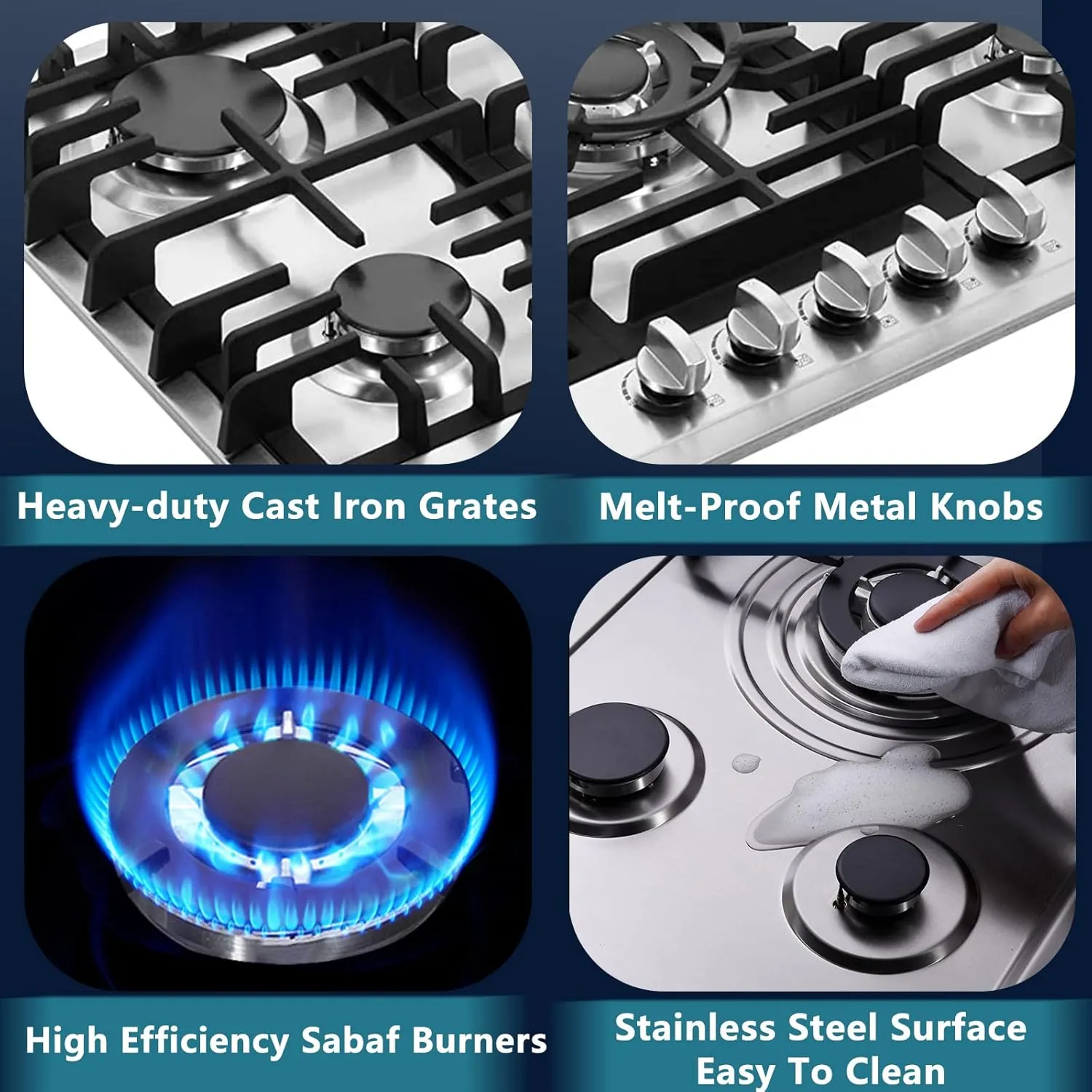 30 Inch Gas Cooktop, Stainless Steel Built-in 5 Burners Gas Stovetop LPG/NG Convertible Gas Stove Top Dual Fuel Gas Hob DM527-02