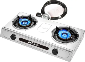 30000 BTU 2 burner outdoor garden camping camp hiking propane stove cooker grill with CSA listed regulator and gas hose, gray color