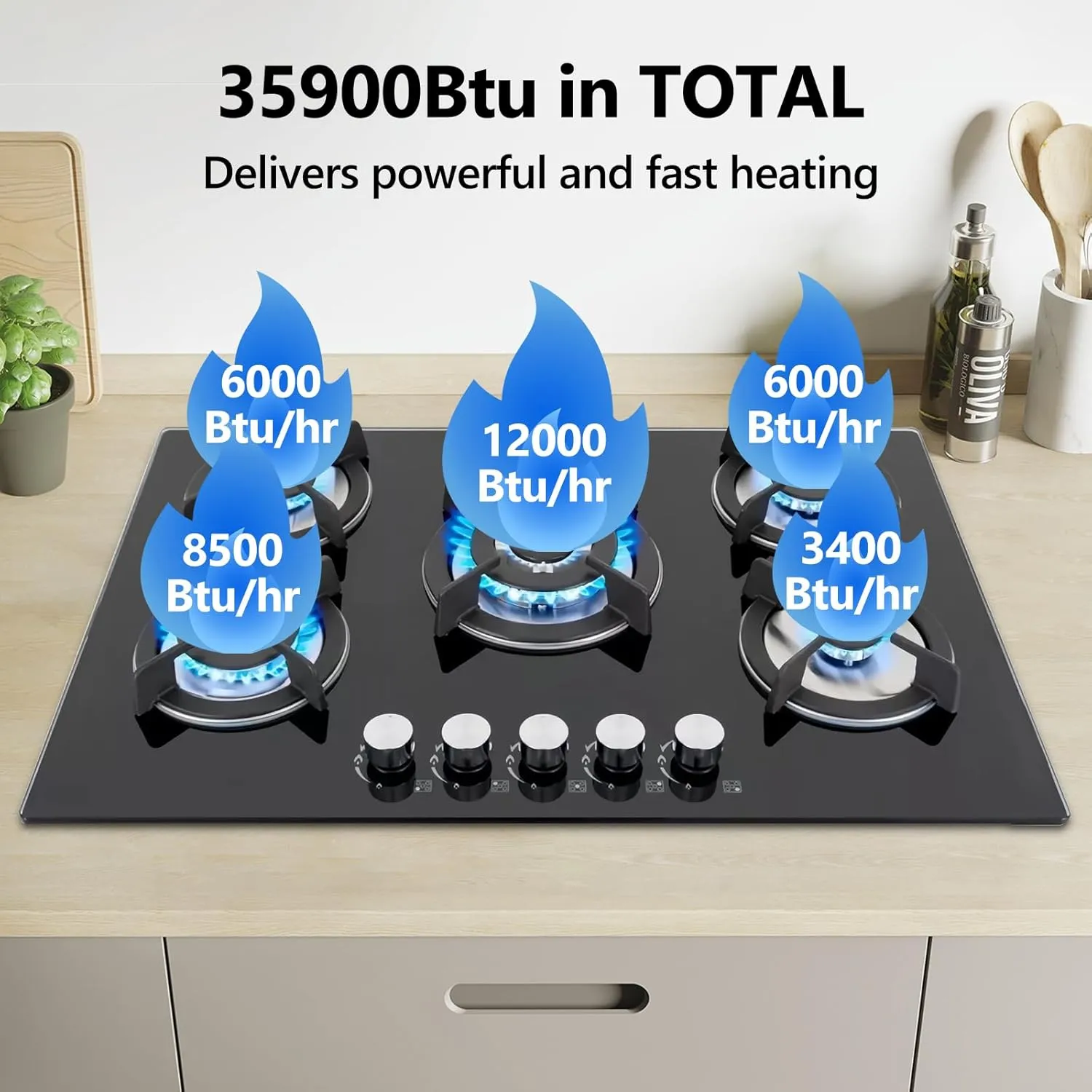 30" Built in Gas Cooktop, 5 Burner Gas Cooktop for NG/LPG Dual Fuel Convertible, Propane Gas Stove Burner with Thermocouple Protection,Black Tempered Glass, 35900BTU
