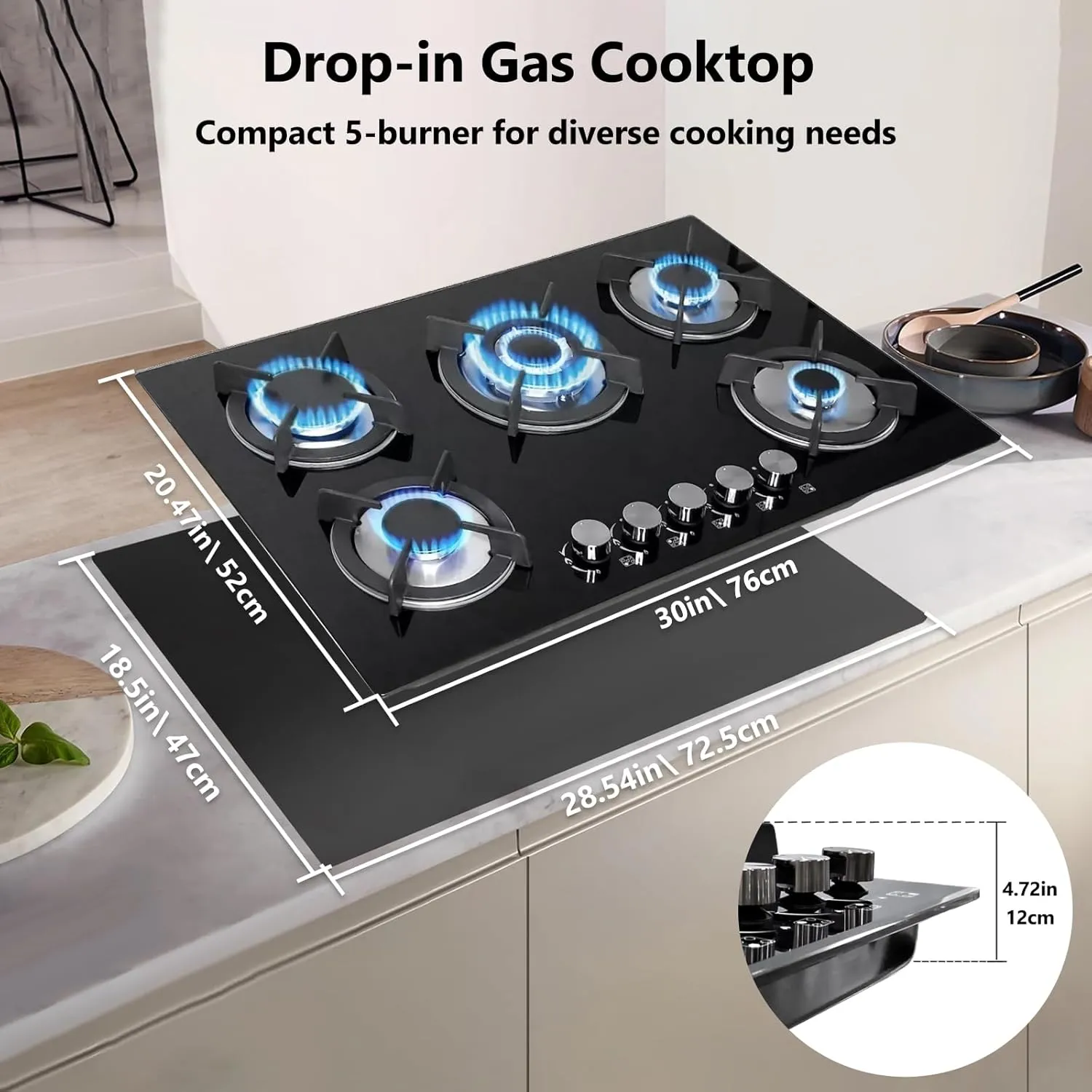 30" Built in Gas Cooktop, 5 Burner Gas Cooktop for NG/LPG Dual Fuel Convertible, Propane Gas Stove Burner with Thermocouple Protection,Black Tempered Glass, 35900BTU