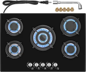 30" Built in Gas Cooktop, 5 Burner Gas Cooktop for NG/LPG Dual Fuel Convertible, Propane Gas Stove Burner with Thermocouple Protection,Black Tempered Glass, 35900BTU