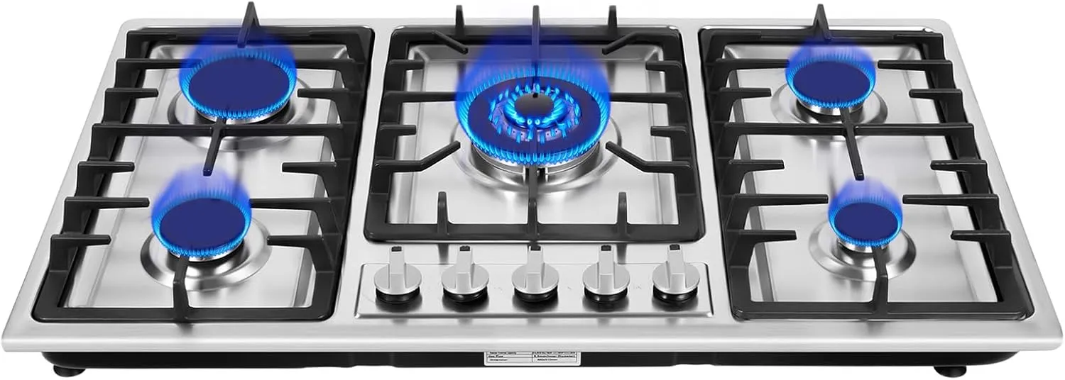 33.8Inch Gas Cooktop, 5 Burner Gas Stove, NG/LPG Convertible Gas Cooktops, Gas Countertop Plug-in with Drop-In Gas Stove Top, Dual Fuel Sealed Burners, Stainless Steel