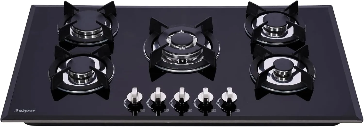 36 Inch Gas Cooktop, Tempered Glass 5 Burners Stovetop Built-in Dual Fuel Gas Stove Top NG/LPG Convertible Gas Cooktop