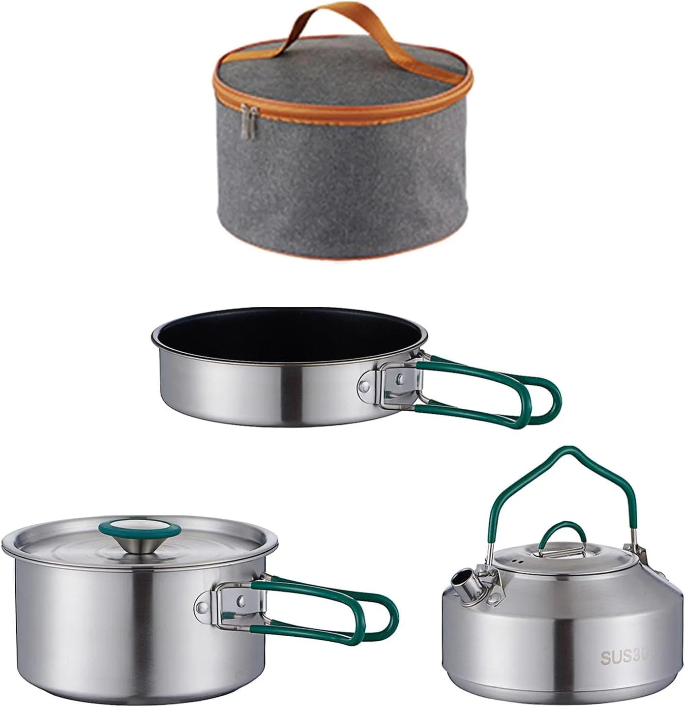 3Pcs Camping Cooking Set Camping Cookware Stainless Steel Portable with Storage Bag Pot Pan Kettle for BBQ Backpacking Hiking