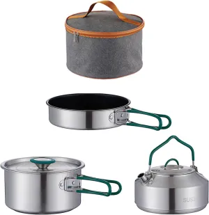3Pcs Camping Cooking Set Camping Cookware Stainless Steel Portable with Storage Bag Pot Pan Kettle for BBQ Backpacking Hiking