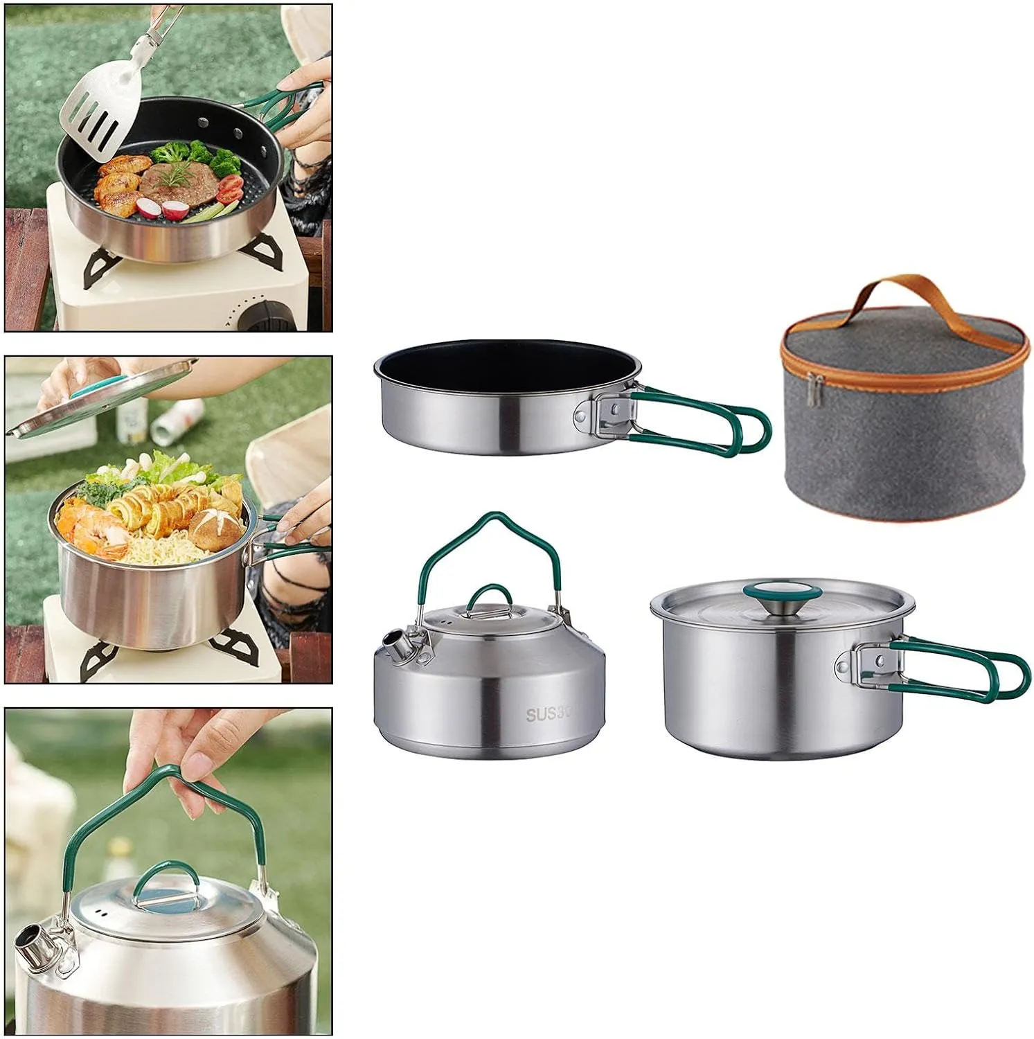 3Pcs Camping Cooking Set Pot Pan Kettle Stockpot Foldable Handle for 2-3 Persons with Storage Pouch Camping Cookware for Home