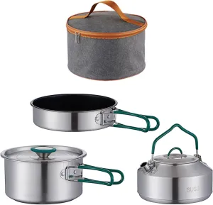 3Pcs Camping Cooking Set Pot Pan Kettle Stockpot Foldable Handle for 2-3 Persons with Storage Pouch Camping Cookware for Home