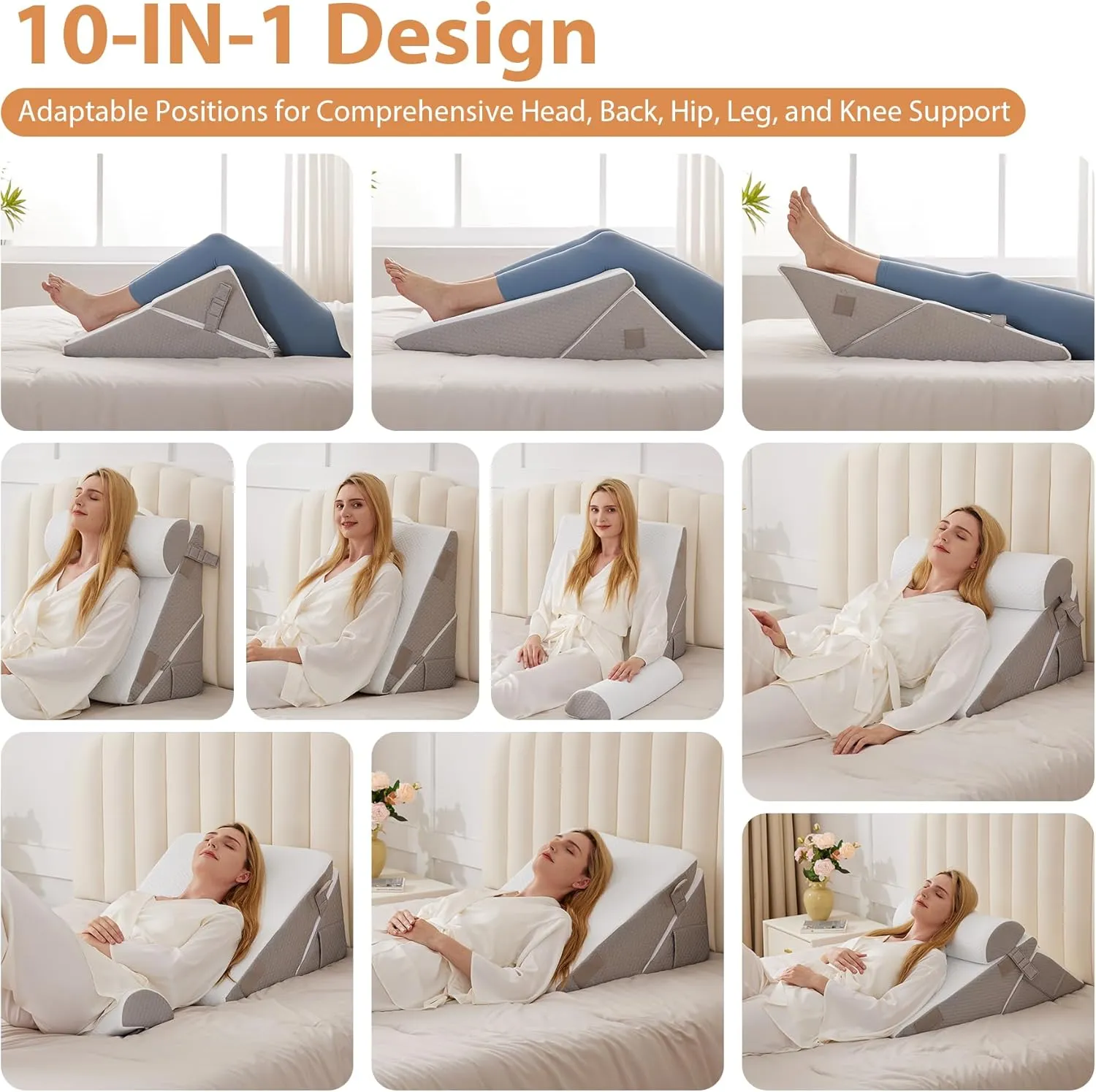 3PCS Wedge Pillow Set for After Surgery, Wedge Pillow for Acid Reflux Relief, Bed Wedge Pillow With Adjustable 9&12inch for Headboard,Sleeping, Orthopedic Memory Foam for Neck&Back Support, White/Grey