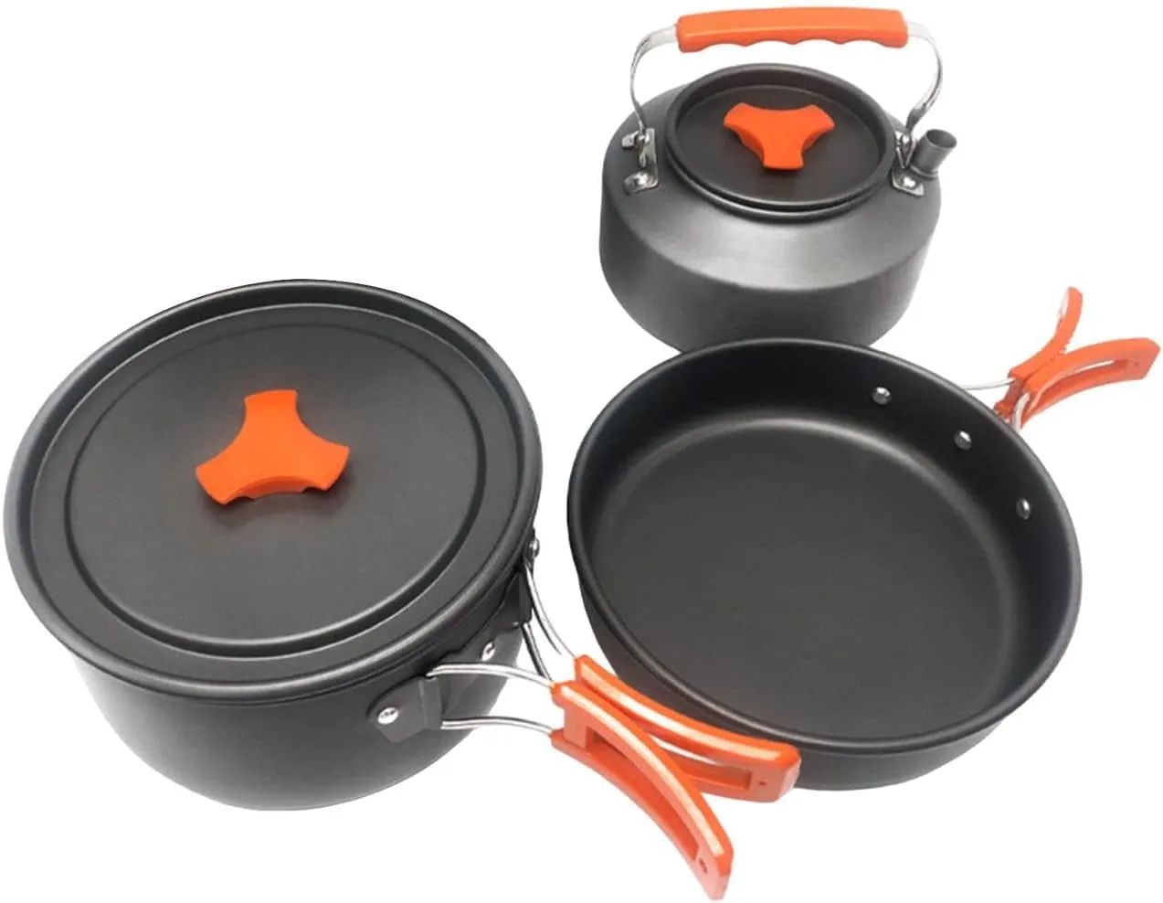 3X Camping Cookware Set Pot Frying Pan Kettle Portable Cooker Set Camping Cooking Set for Backpacking Fishing Hiking Outdoor, Multi, Orange and Black