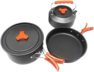 3X Camping Cookware Set Pot Frying Pan Kettle Portable Cooker Set Camping Cooking Set for Backpacking Fishing Hiking Outdoor, Multi, Orange and Black