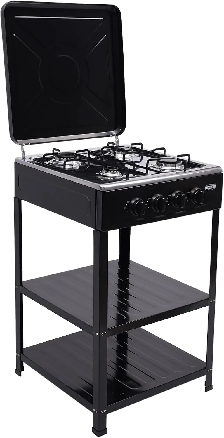 4 Burner Gas Stove, 300000BTU Stainless Steel Portable Gas Stove w/Support Leg Stand and Wind Blocking Cover Adapter Manual Ignition Camping Stove LNG for RV, Apartment, Outdoor Cooking (Black)