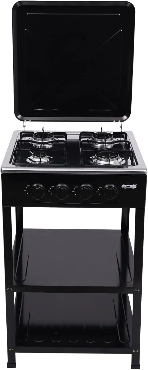 4 Burner Gas Stove Gas Cooker with Storage Stand Freestanding Outdoor Bbq Grill Camping Stove for RV, Apartment, Outdoor Cooking (Black)