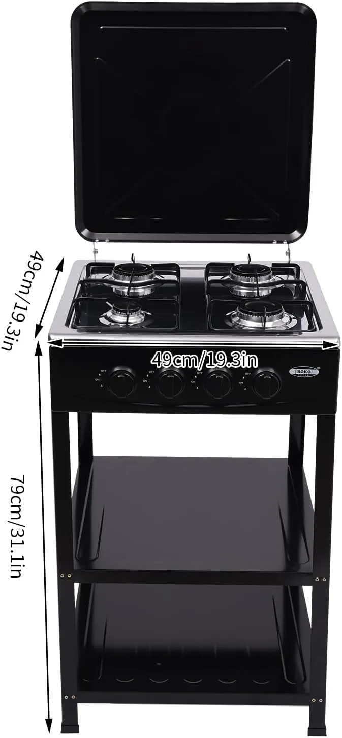4 Burner Gas Stove Gas Cooker with Storage Stand Freestanding Outdoor Bbq Grill Camping Stove for RV, Apartment, Outdoor Cooking (Black)
