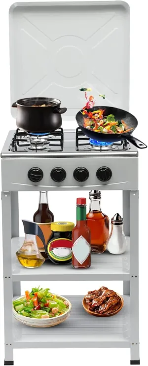 4 Burner Gas Stove, Outdoor Portable Stove for with Support Leg Stand and Wind Blocking Cover Adapter and storage shelves，Manual Ignition Camping Stove for RV Backyard Outdoor Cooking Camping,White