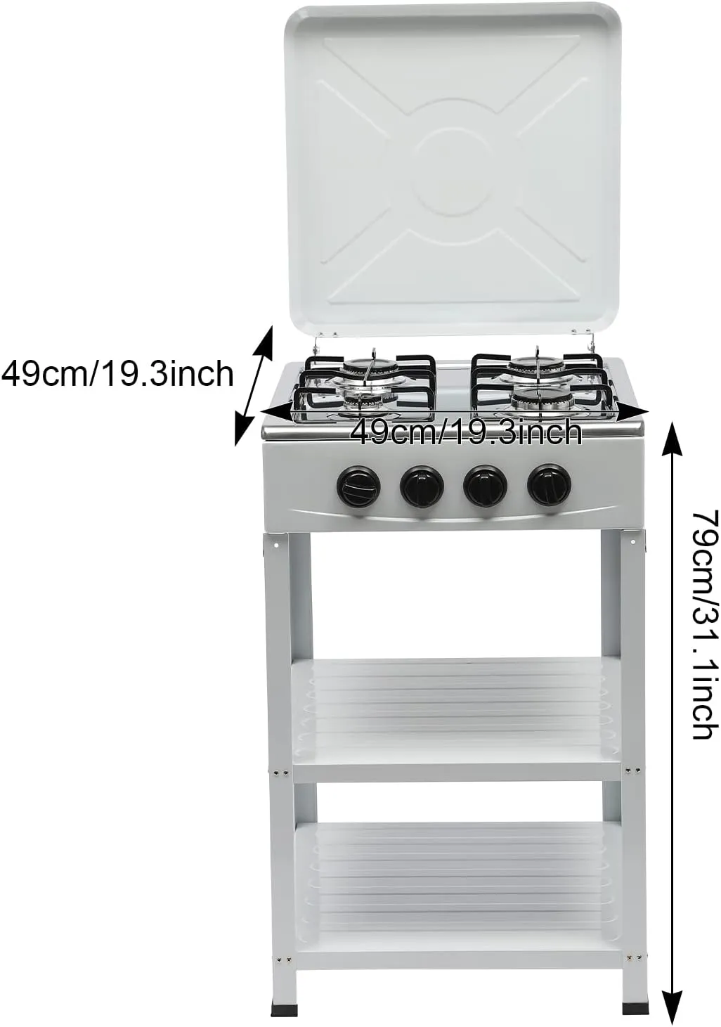 4 Burner Gas Stove, Outdoor Portable Stove for with Support Leg Stand and Wind Blocking Cover Adapter and storage shelves，Manual Ignition Camping Stove for RV Backyard Outdoor Cooking Camping,White