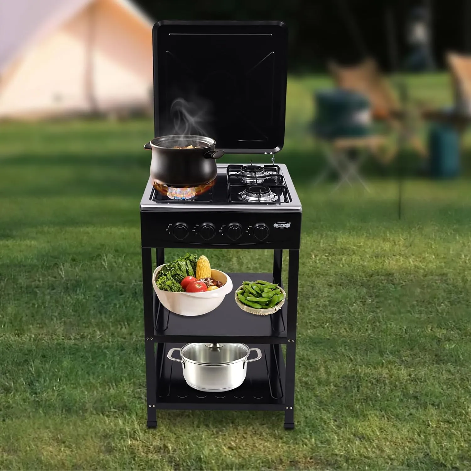 4 Burner Gas Stove Portable Outdoor Stove with 2 Tier Storage Rack Heavy Duty Propane Burners Manual Ignition Camping Burner for Picnic Home RV Outdoor Cooking (Black)