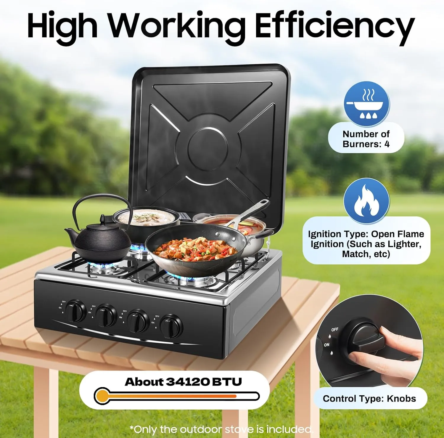 4 Burner Gas Stove Portable Outdoor Stove with Removable Storage Stand for RV, Apartment, Outdoor Cooking